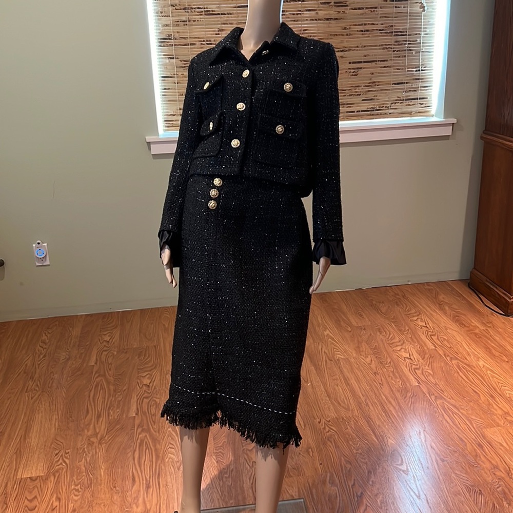 Zcrave Skirt Set Black Tweed With Metallic Thread And Gold Buttons Size M